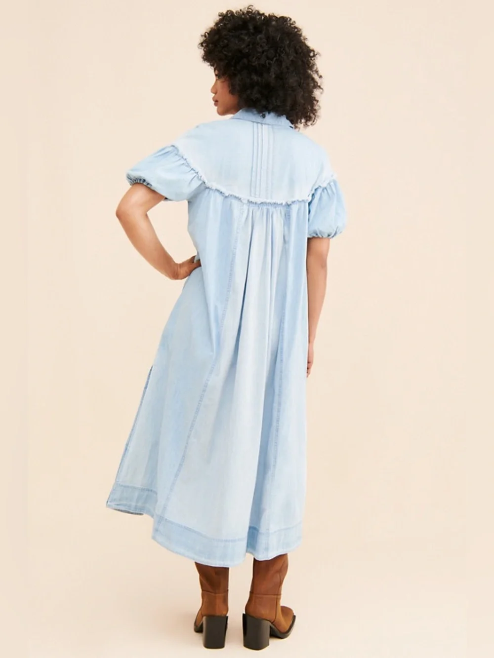 Free People Light Blue Puff-Sleeve Button-Front Midi Dress